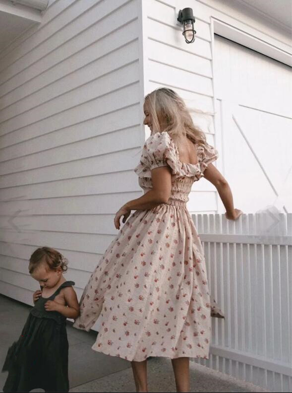 Women French Style Lacing up Ruffles Square Collar Floral Long Swing Dress Pink Backless Half Sleeve Dresses Vestido 220511