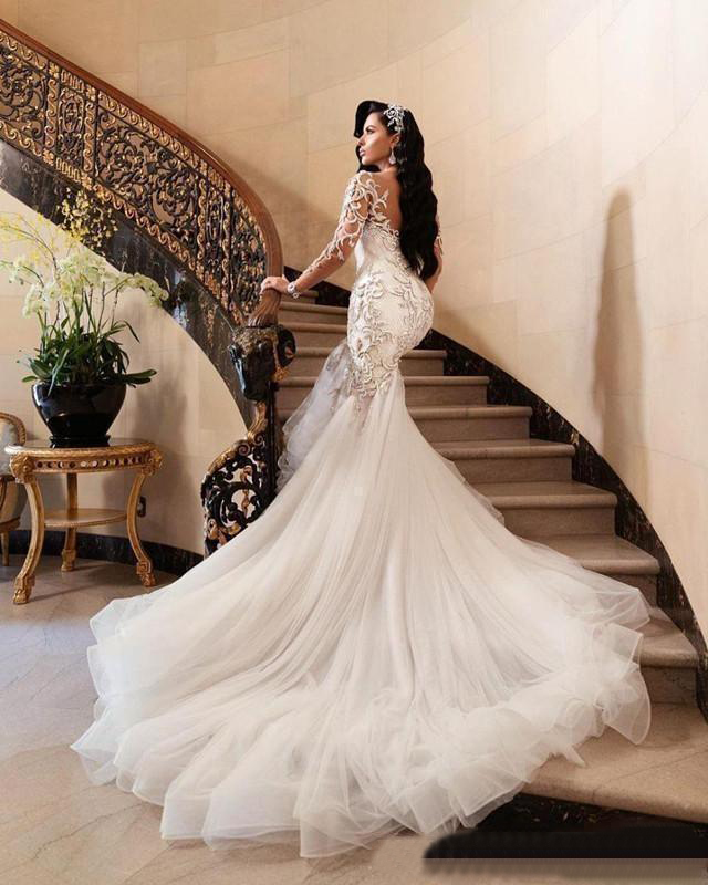Gorgeous Long Sleeves Wedding Dresses Lace Applique Illusion Mermaid Sheer Neck Sweep Train Custom Made Wedding Gown vestido de novia Bridal Gowns