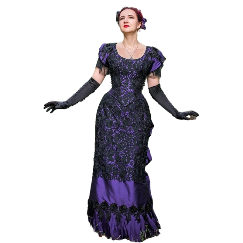 Vintage Purple And Black Victorian Evening Dresses Cap Sleeve Lace Ballroom Prom Gowns 2022 Women Historical Costume Corset Satin Special Occasion Dre
