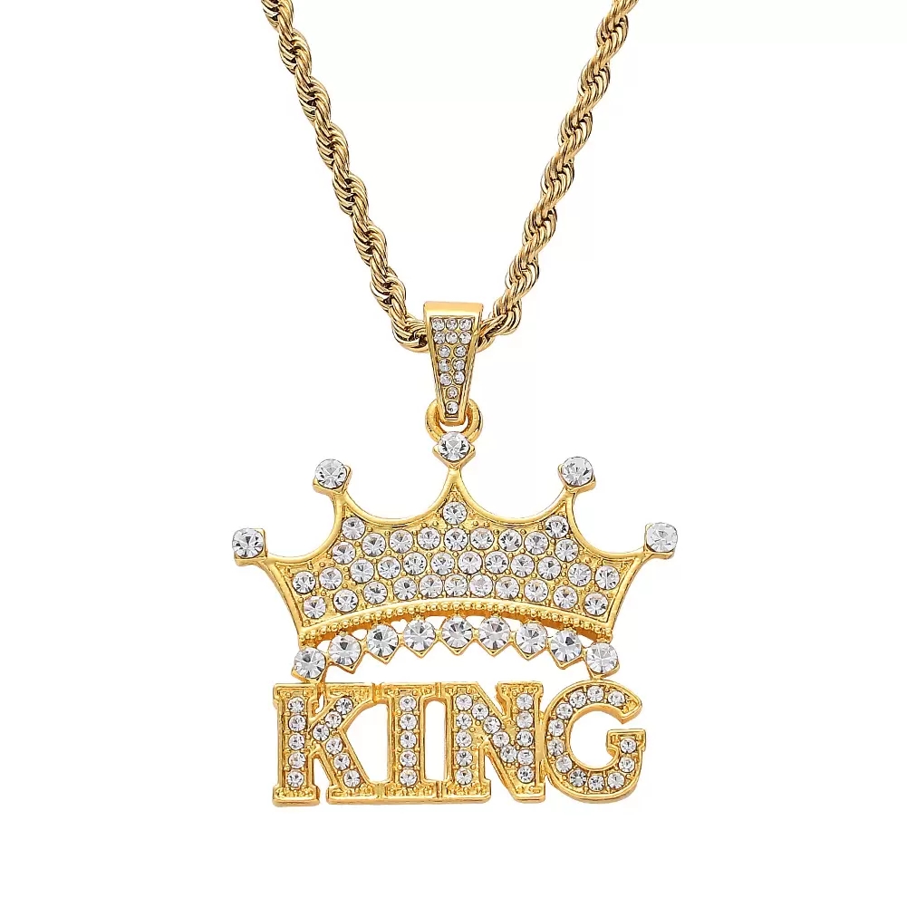 Hip Hop Jewelry Men's King Crown Pendant Necklace Stainless Steel Chain Pave Diamond 18K Gold Cubic Zircon Crowns Necklace Factory Direct Price