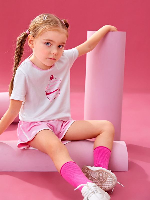 X lyart Toddler Girls Cartoon Graphic Tee & Contrast Binding Shorts SHE