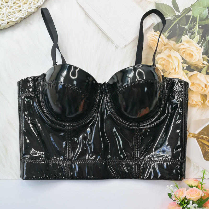 Women's Sexy Lingerie Camisole Black Glossy Soft Faux Leather PU Underwear Push up Bra Crop Tops Nightclub Party Rave Costume 220325