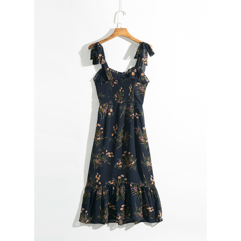 Dresses For Women Elegant Vintage Floral Frill Sweetheart Neck Sleeveless Strap Tie Ruffle Hem Summer Beach 220514