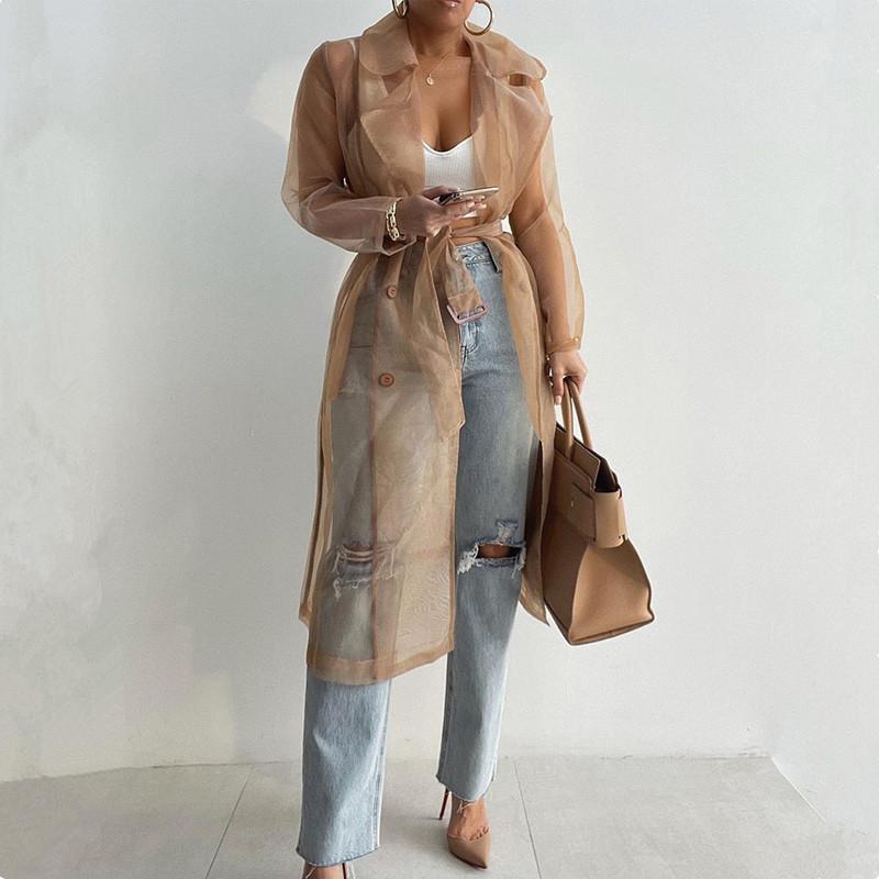Women039s Jackets Women Spring Summer See Through Outdoor Long Coat Sheer Mesh Full Sleeve Buttoned With BeltWomen039s