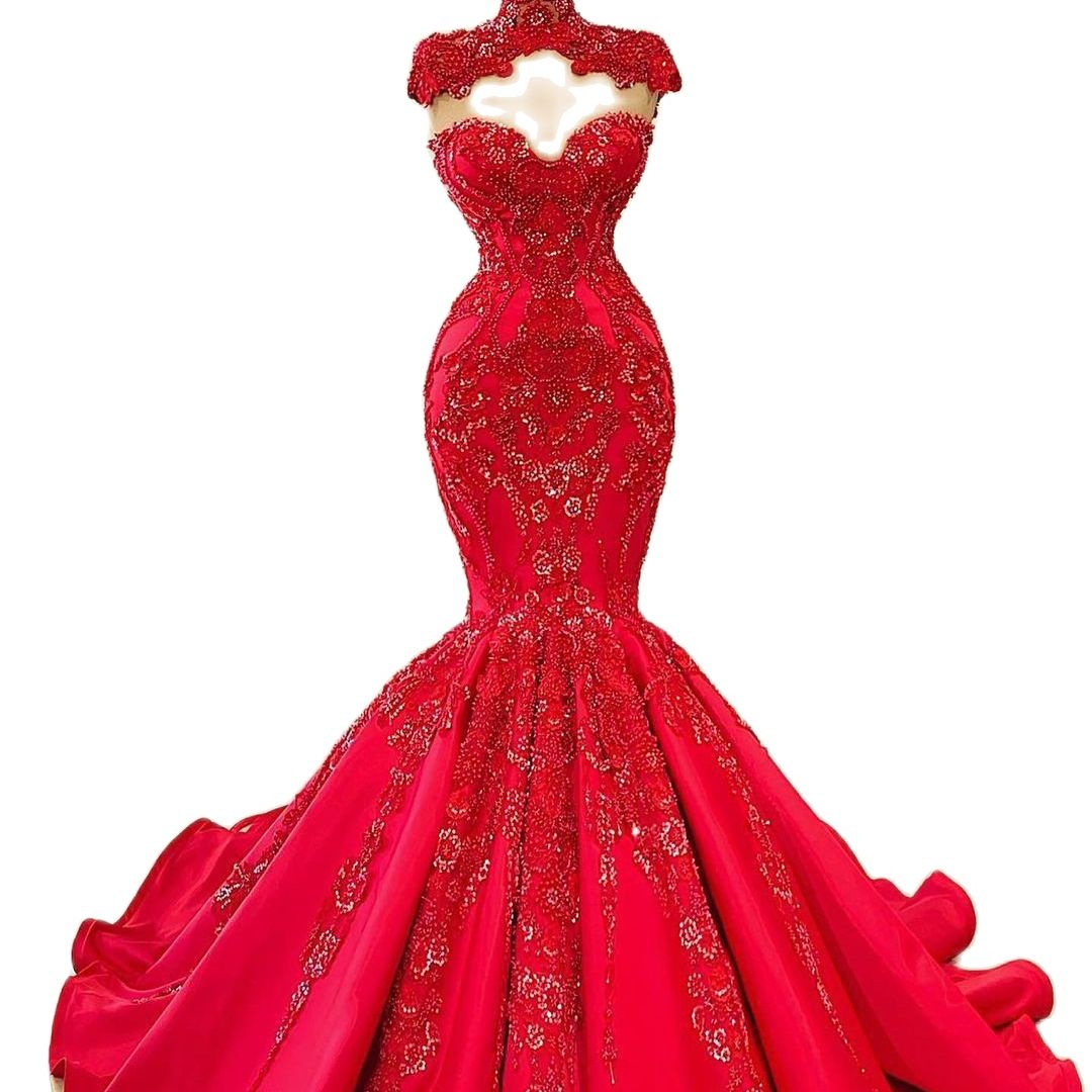 Red Mermaid Evening Dresses With Wrap Lace High Neck Sleeveless Prom Gowns Sweep Train Lace Party Robe de mariée
