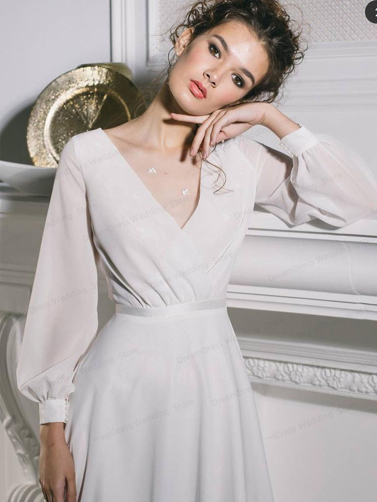Simple Long Sleeves Chiffon Wedding Dress 2022 V-Neck Floor-Length For Bride Robe De Mariée Custom Made Behomia Vestidos De Noiva