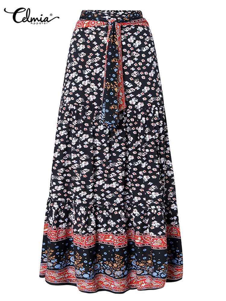 Long Skirts Women Fashion Celmia Autumn Bohemian Floral Printed HighWaisted Maxi Skirt Vintage Casual Loose Bandage Bottom 220701