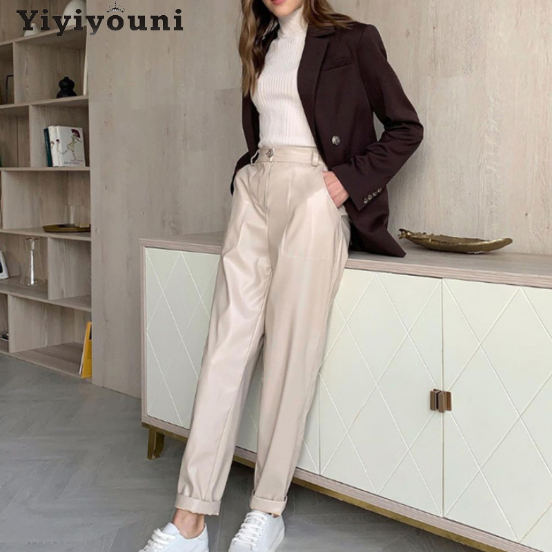 Yiyiyouni Autumn Winter High Waist Fleece PU Leather Pant Casual Faux Trouser Pockets Straight Female 220325