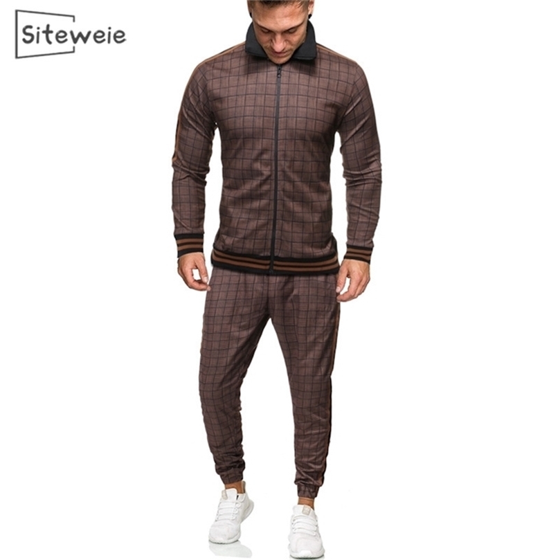 SITEWEIE Tracksuit Men Spring Autumn Sportswear Casual 2 Piece Sets Men Plaid Outdoor Sport Clothing Men's Jacket Pants Set L416 201210