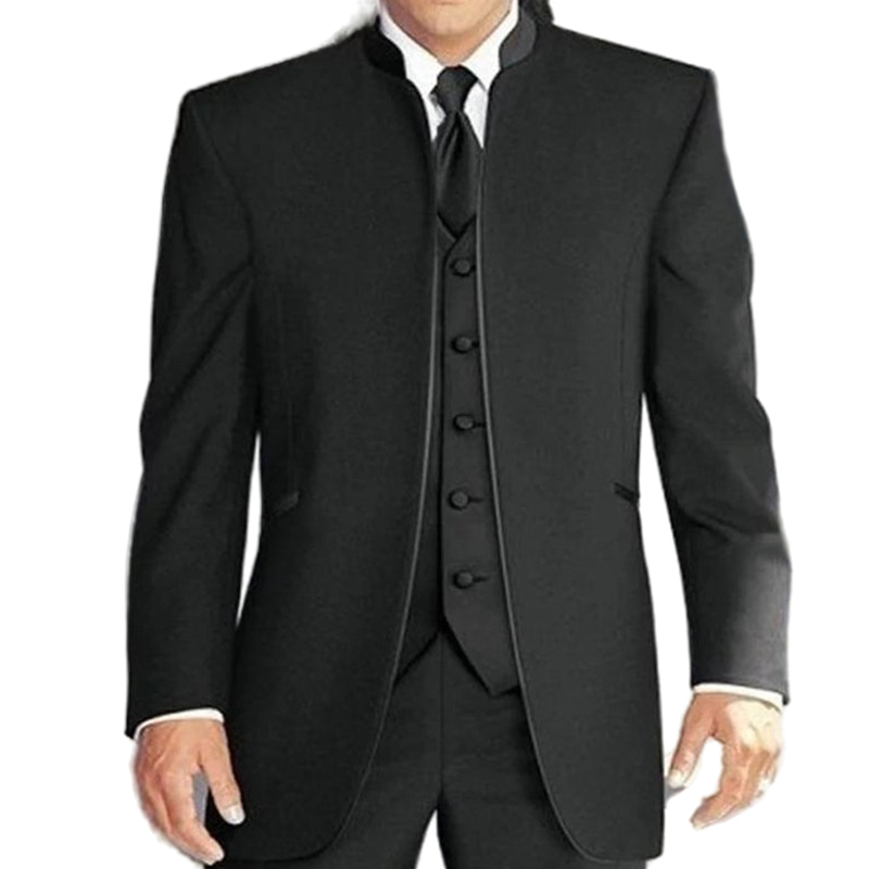 Middle East Stand Collar Men Suits Groom Wedding Tuxedos Black Men's Suit with 3 Piece Trim Fit Formal Wear Prom Party Gowns Men Blazer