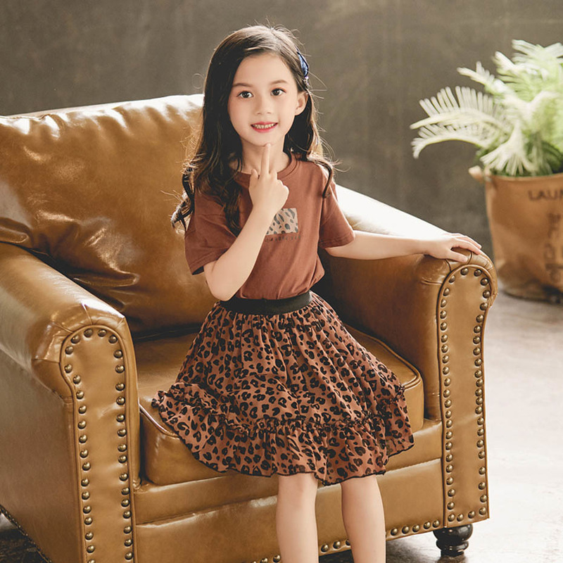 Summer Clothes For Girls Leopard Print Children's Tshirt + Skirt Teenage Costume 220507