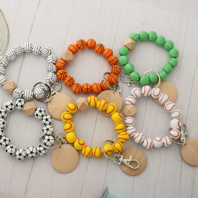DIY Beaded Bracelet Keychain Pendant Party Favor Sports Ball Soccer Baseball Basketball Wooden Bead Bracelet 9 Colors