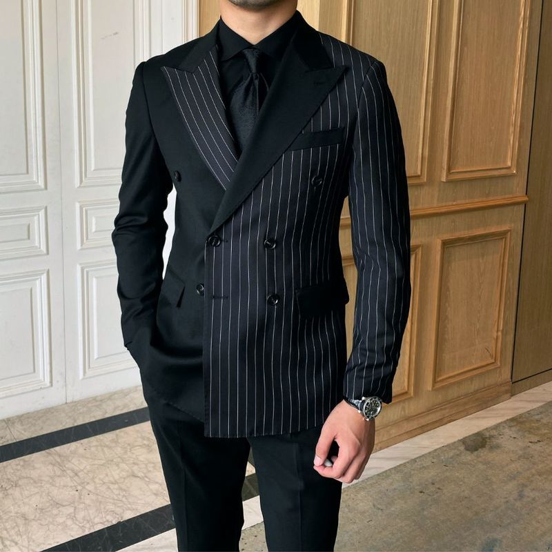 Double Breasted Black Striped Mens Suits For Wedding Custom Made Groom Dress Tuxedos For Man Costume Homme Man Blazer Pants 220817