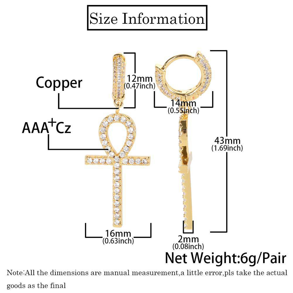 Hip Hop TopBling Cross Drop Earrings Full White Zircon Dangle Earrings Platinum Plated Jewelry