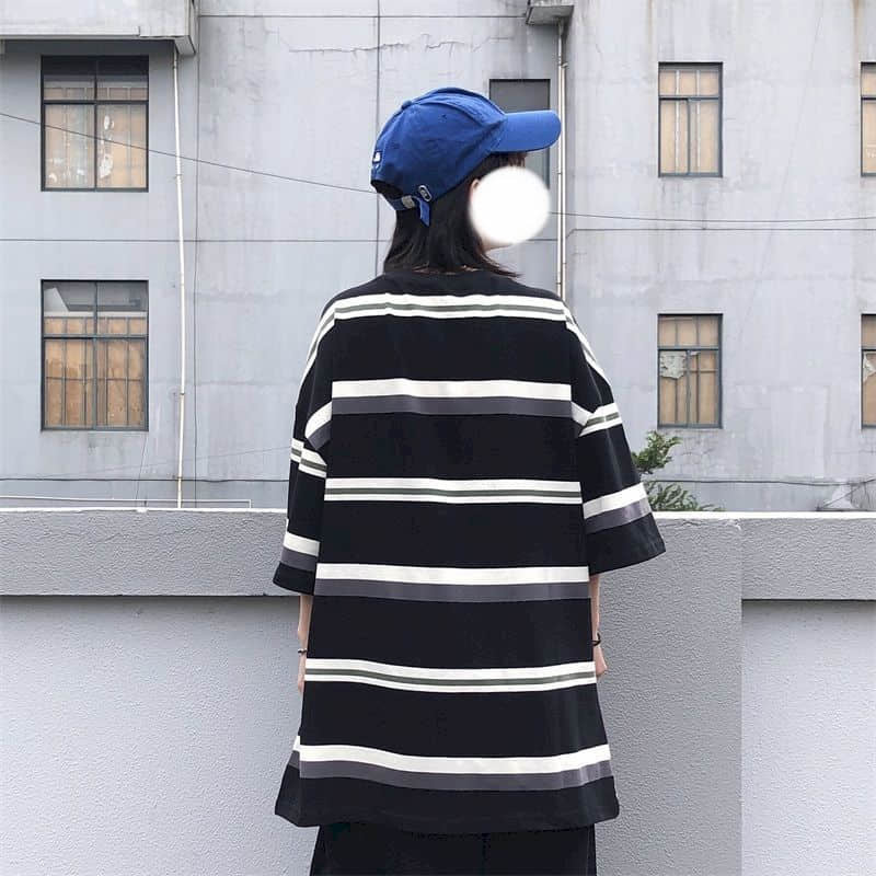 Hip Hop Short-sleeved T-shirt Women T Shirt Couple Japanese Simple Striped Half-sleeved Summer Korean Loose Student Black Top 220321