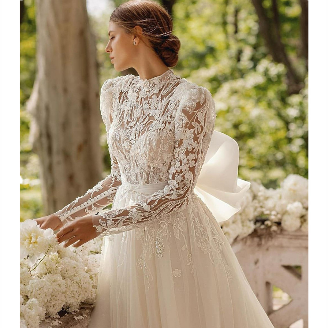 Elegant A-e Wedding Dress Princess Portrait Shoulder Lace Long Sleeves Appliques Sequins Custom Made or Length Bow Tie Train Bridal Dresses Vestido De