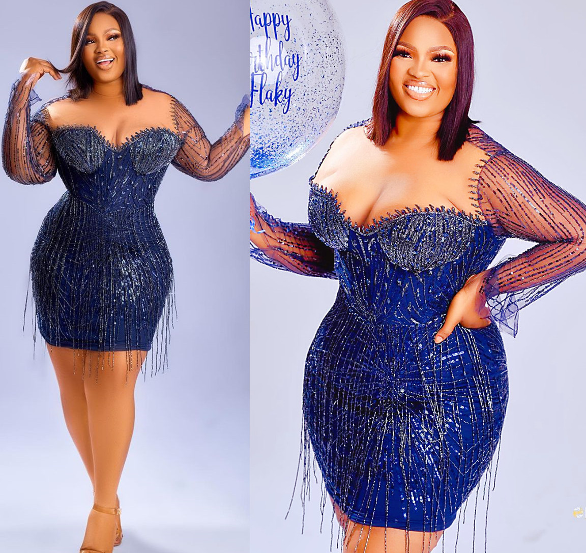 2022 Plus Size Arabic Aso Ebi Navy Blue Sparkly Prom Dresses Sheer Neck Evening Formal Party Second Reception Birthday Engagement Gowns Dress ZJ704