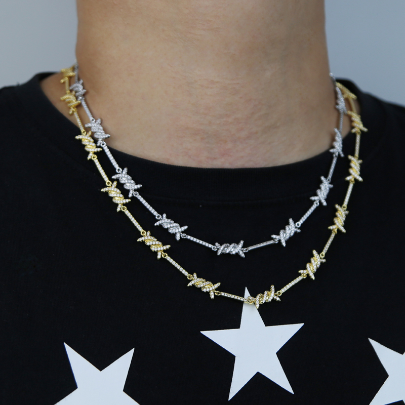 Gold & Sier Barbed Wire Iced Out Tennis Chain Necklace for Men Women Hip Hop Punk Jewelry