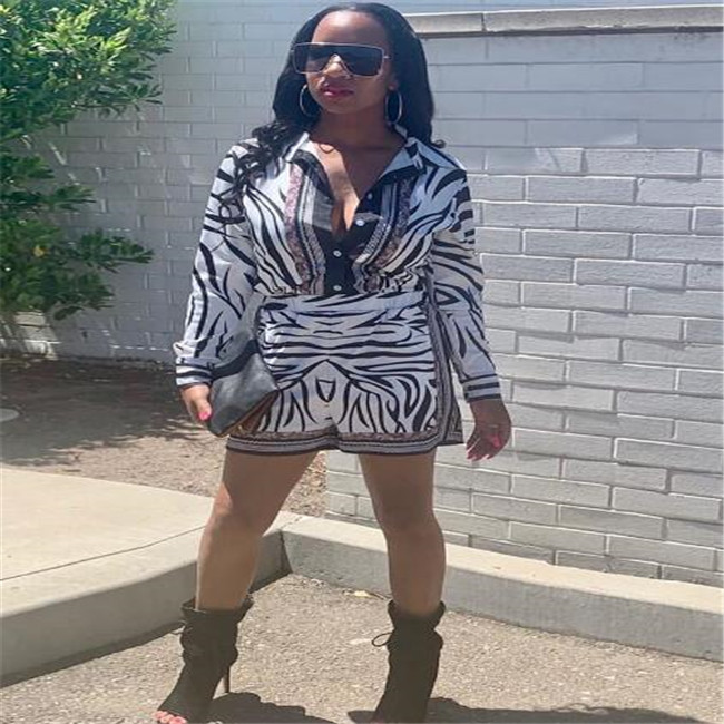 Womens Tracksuits Two Piece Outfits Print Zebra Stripe Long Sleeve Button Shirts + Pocket Shorts 2 Piece Set Women Casual Clothes S-2XL