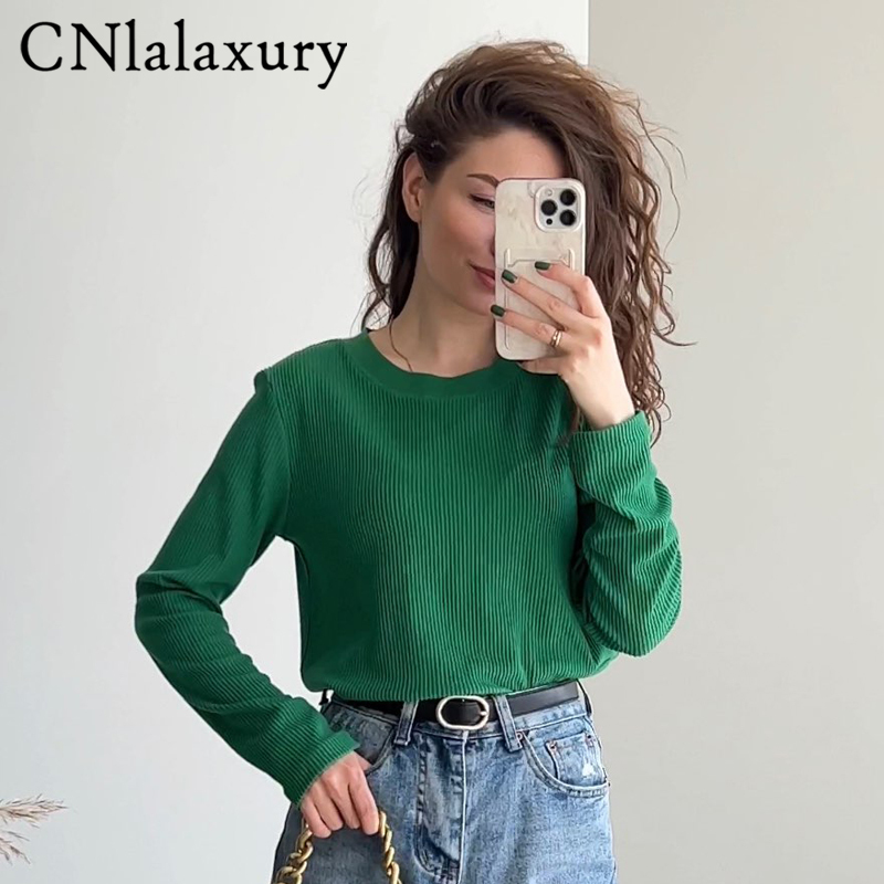 CNlalaxury Long Sleeve Women T Shirt Spring Korean Round Neck Slim Top Solid Color Basic Harajuku Bodycon Tops 220728