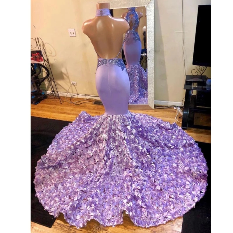 Lilac Halter Mermaid Prom Dresses Backless Rose Train Graduation Party Gowns Lace Appliques Sequin Female Robe De Soiree 0431
