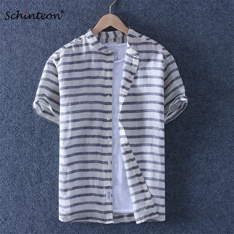 Schinteon 100% Pure Linen Striped Summer Shirt Men Breathable Stand Collar Short Sleeved Casual Shirt Comfortable New