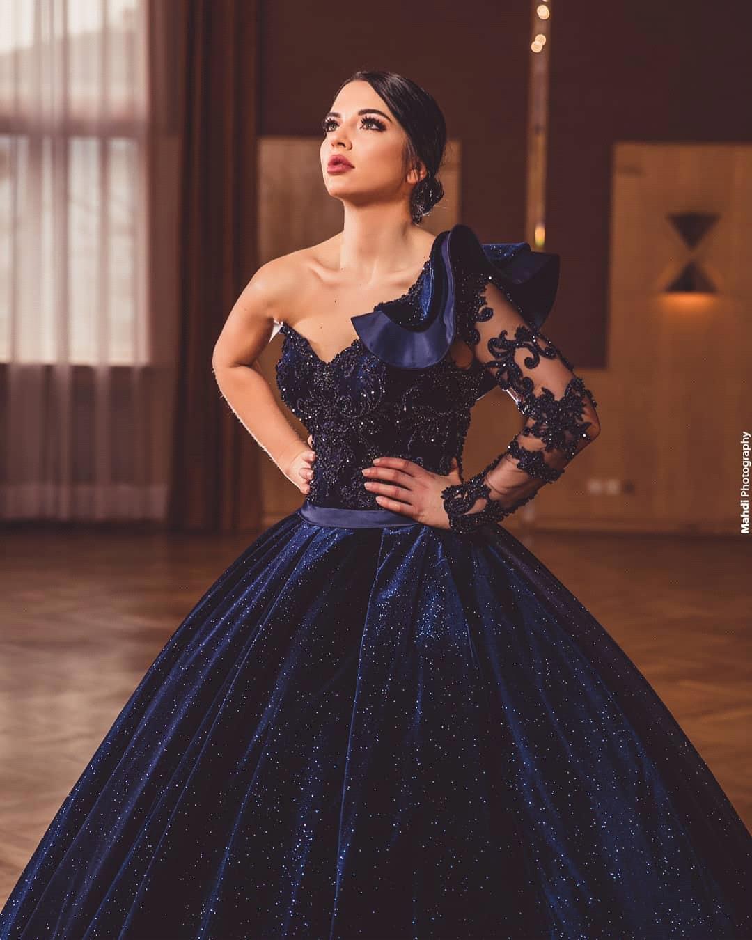 2022 Navy Velvet Ball Gown Quinceanera dresses Long Caftan Party Crystals Beading Evening Gowns Vestidos Formals Dubai Dress C0620X08