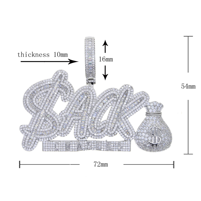 Iced Out Money Bag CZ Letter ACK Pendant Necklaces for Men Women Bling Cubic Zirconia Paved Charm Rapper Hip Hop Jewelry