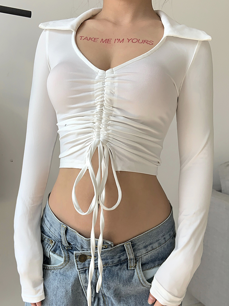 HEYounGIRL V Neck Ruched Brown Casual Crop Top T Shirt Autumn Long Sleeve Basic T-shirt Women Skinny Fashion Tee Femme 220321