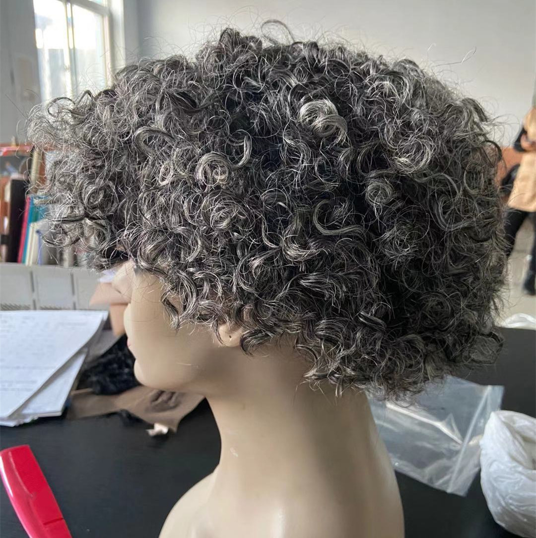 Natural blow out grey kinky human hair wig salt and pepper silver gray short afro wigs real hair soft curly
