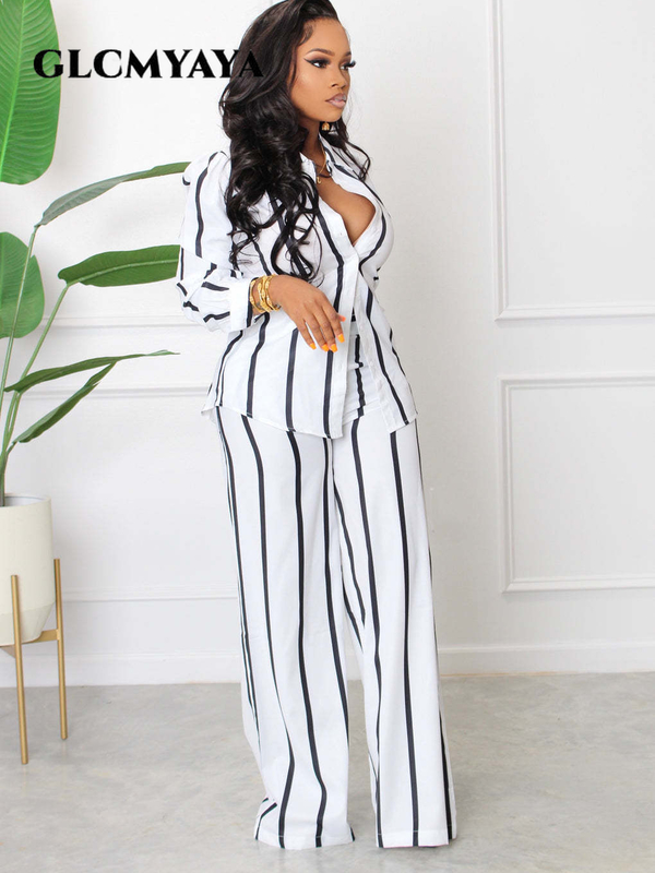 CMYAYA Street Striped Women Set Long Sleeve Shirt and Straight Pants Suit Elegant Chic Tracksuit Two Piece Set Fitness Outfit 220817