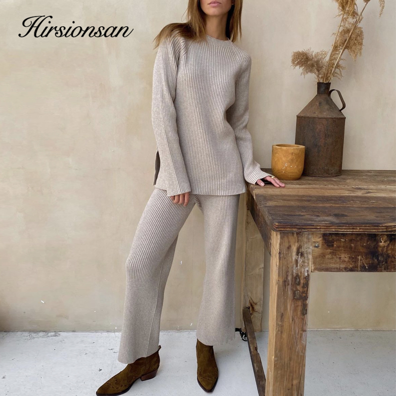 Hirsionsan Elegant Soft Knitted Sets Women Autumn Winter Warm Casual Two Pieces Sweater and Pants Outfits Solid Tracksuit Lady 220816