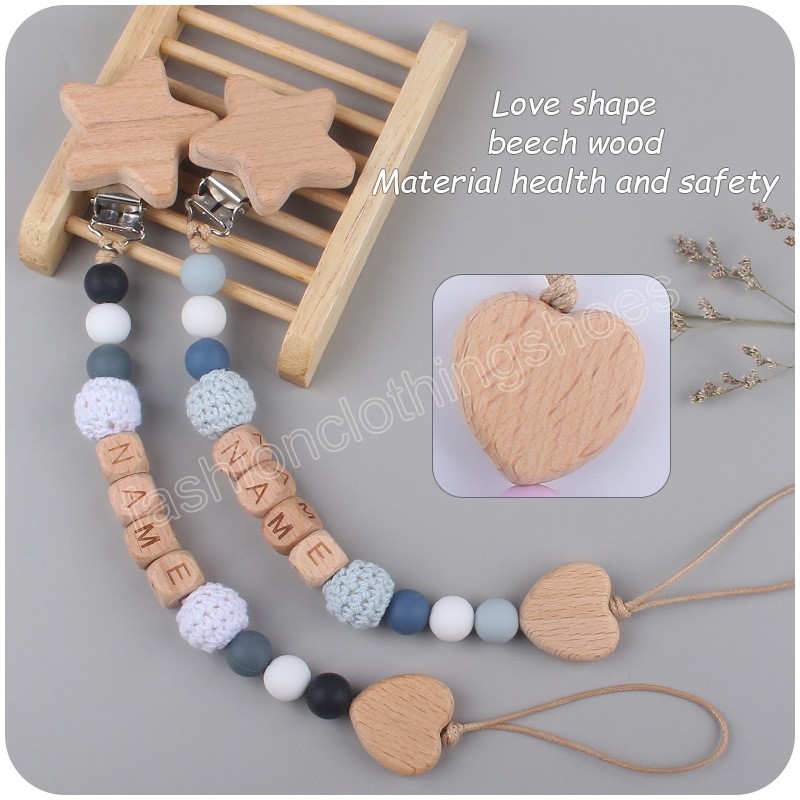 Newborn baby Silica gel Bead Pacifier Holders Beech Star Pacifier Clip Heart Teethers DIY Name Infant toddler Toys