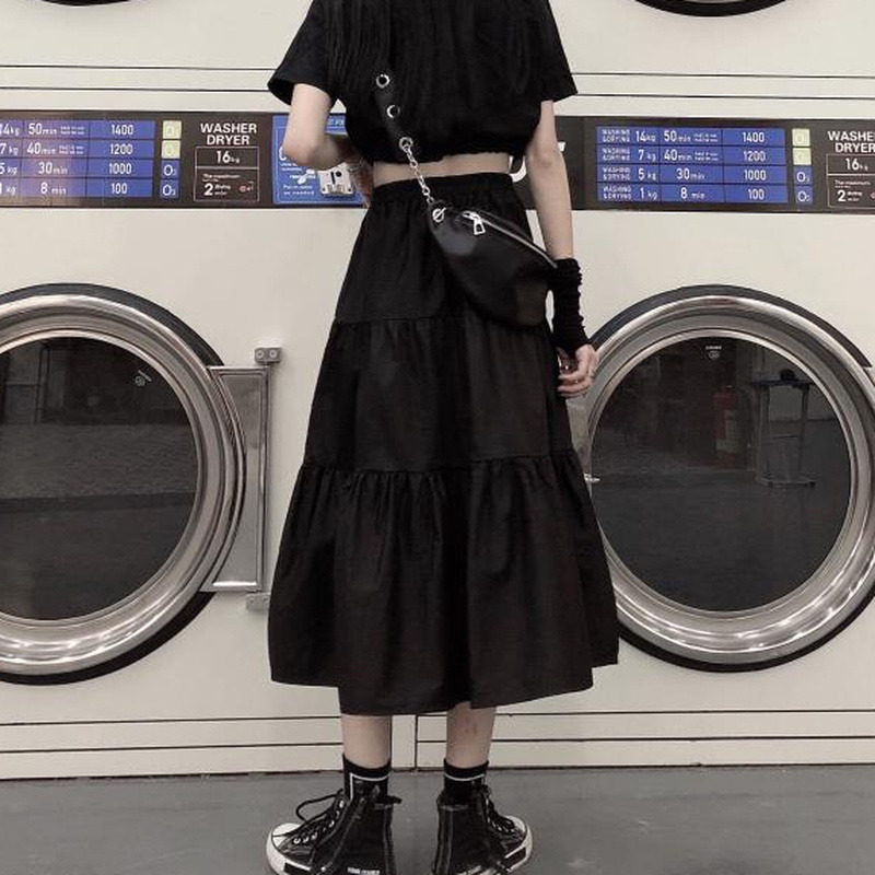 HOUZHOU Gothic Long Skirt Black Goth High Waisted Patchwork Midi Skirt Summer Japanese Style Harajuku Punk Streetwear 220322