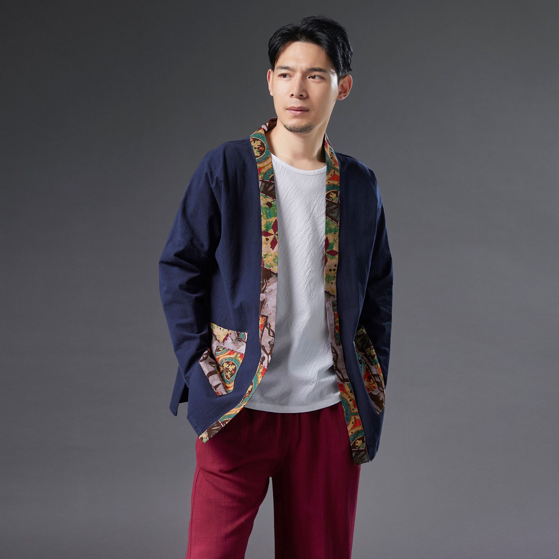 Vintage ethnic clothing loose men's top Oriental costume Chinese traditional Hanfu male cotton linen outfit