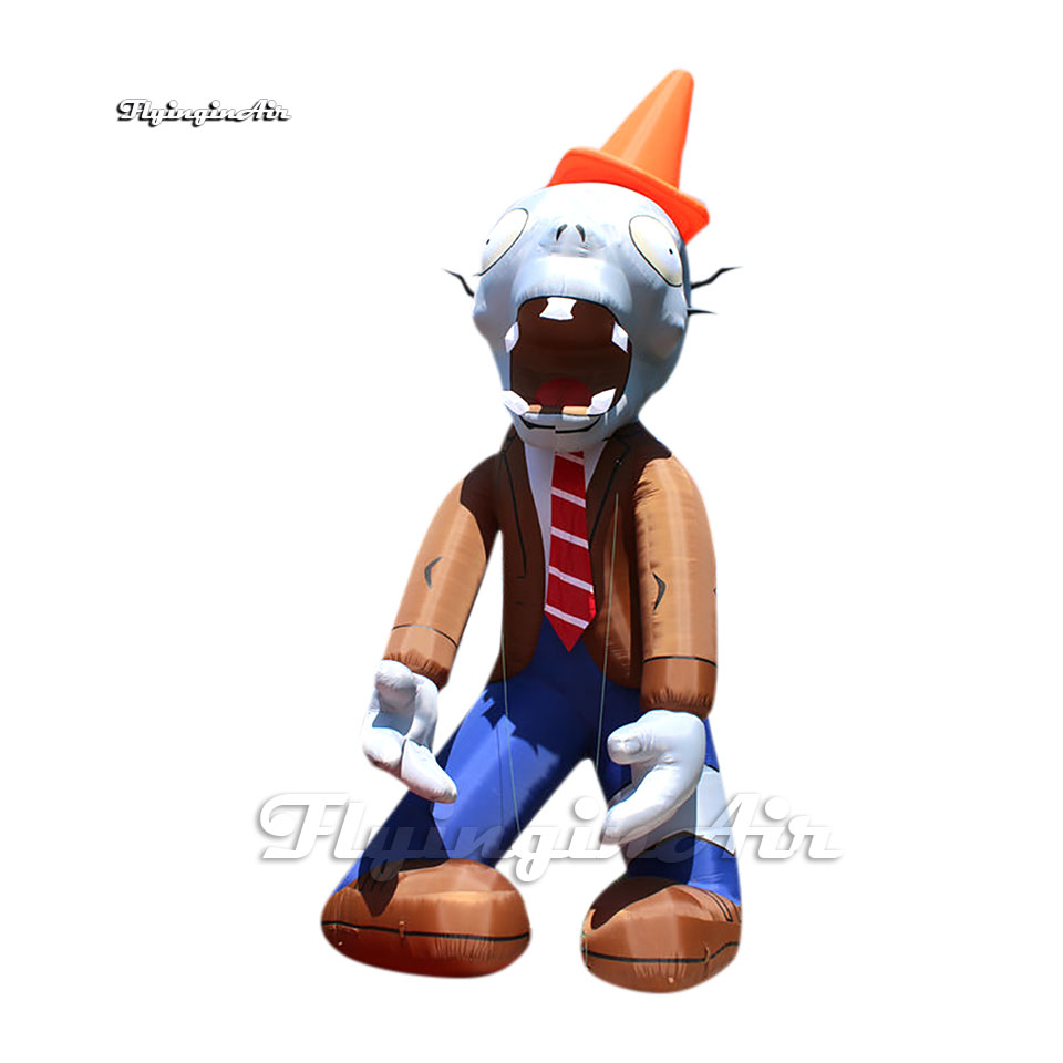 Scary Halloween Inflatable Zombie Cartoon Character 6m Air Blow Up PvZ Conehead Zombie For Park Decoration
