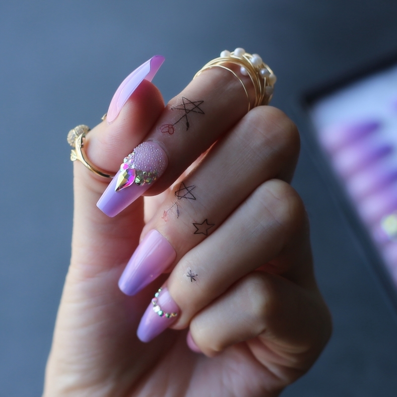 Middle length Coffin Lovely Ombre Violet Acrylic nails crystal Art False nalis Tips Press on nails Cute Custom private label box 220725