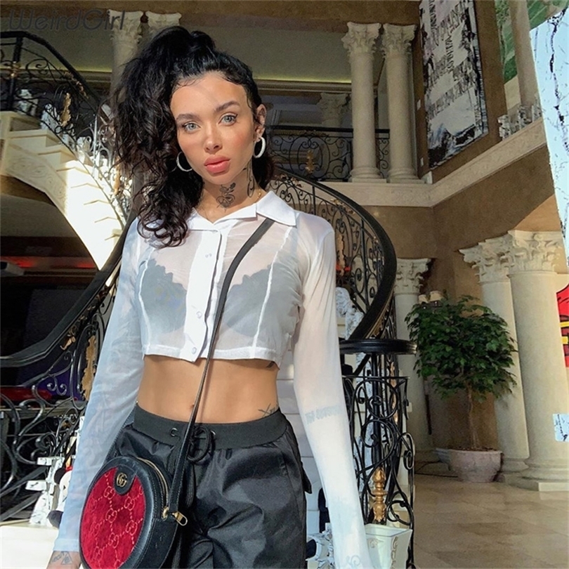 Women Mesh See Through Sexy Tshirts Long Sleeve Slim Summer Female Baisc Short Tees Party Night Club Harajuku Lady Tops T200512