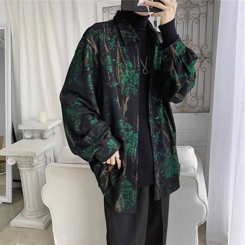 shirt men spring autumn retro Retro temperament rose printed long-sleeve shirts Korean fashion loose male casual oversized coat 220322