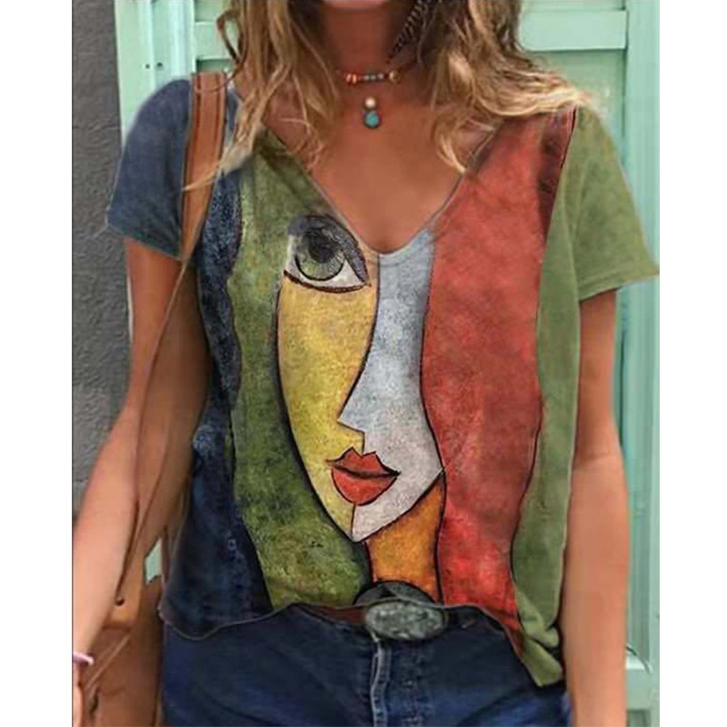 V Neck Tshirt Women's Summer Casual Oversize Print Shirt Tops Loose Vintage Female Tee Streetwear Y2K Short Sleeve Clothes S-5XL 220321