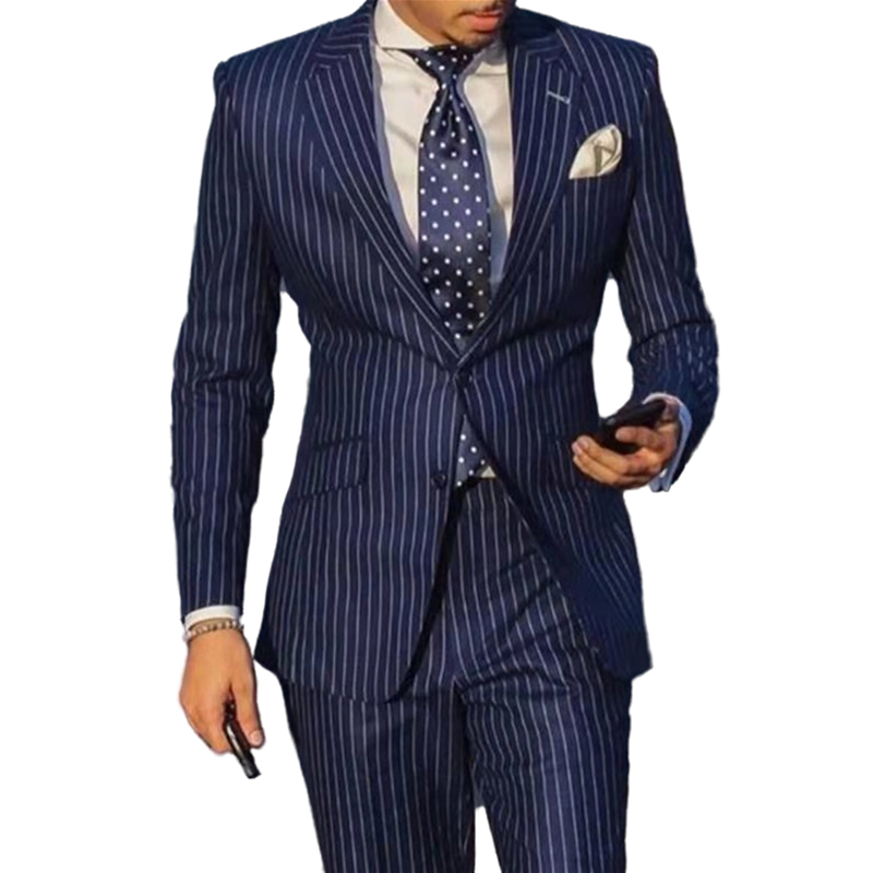 Pinstripe Mens Suits Stylish Wedding Tuxedos Men Casual Suits Blazer Fashion Single Breasted Two Button Groom Wear Peaked Lapel 3 Pieces Slim Fit Prom
