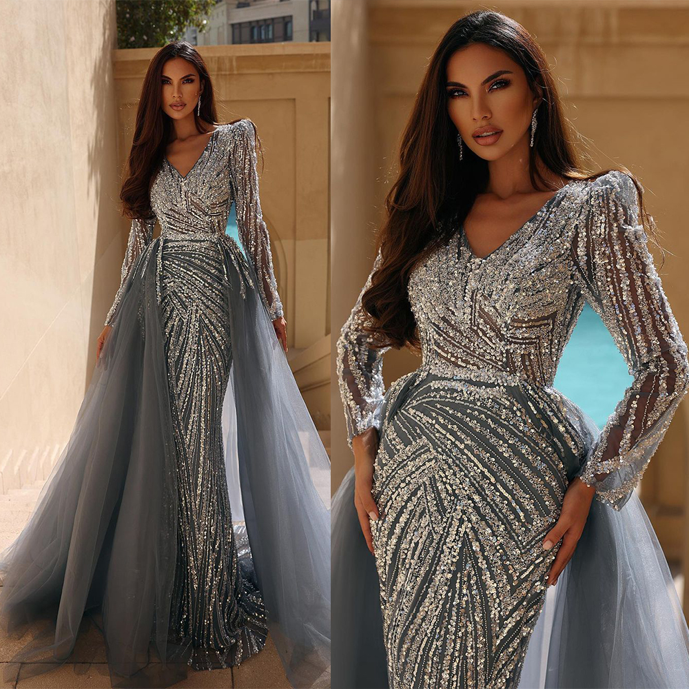 Elegant Sky Blue Prom Dress Sequins Detachable Net Training V-neck long-sleeved Sheath Customized Evening Dresses Cocktail Dress
