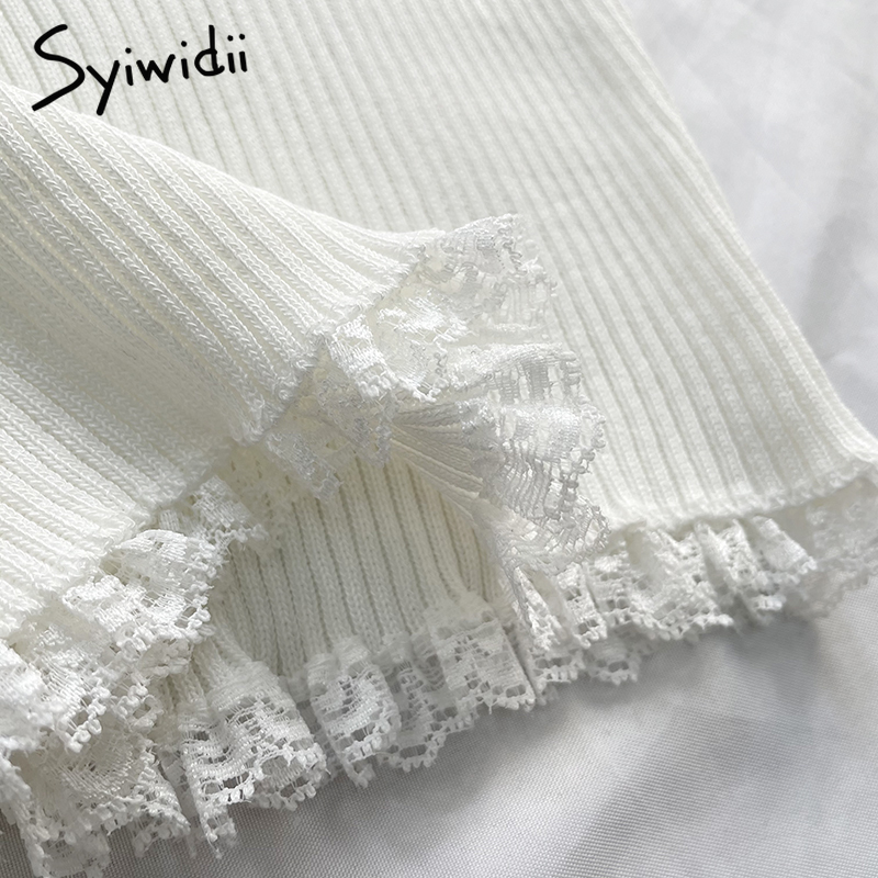 Syiwidii Lace Black Tank Tops for Women Clothes Crop Top T Shirt Cute Sexy White Bustier Short Solid Spandex Stretch Knitted 220316