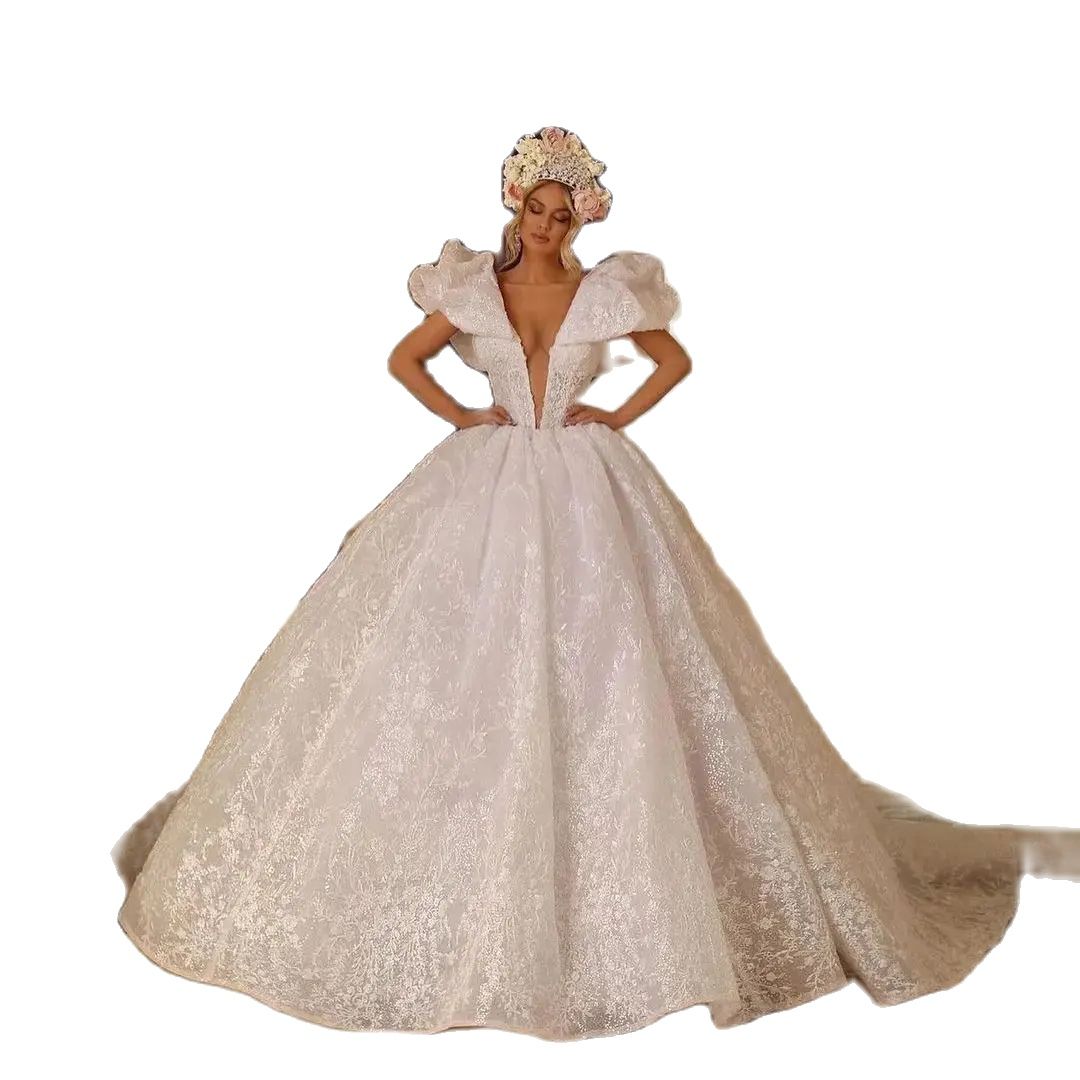 3D Floral Ball Gown Wedding Dress Sexy Deep V Neck Ruched Bride Dresses Lace Appliques Bridal Gowns robes de