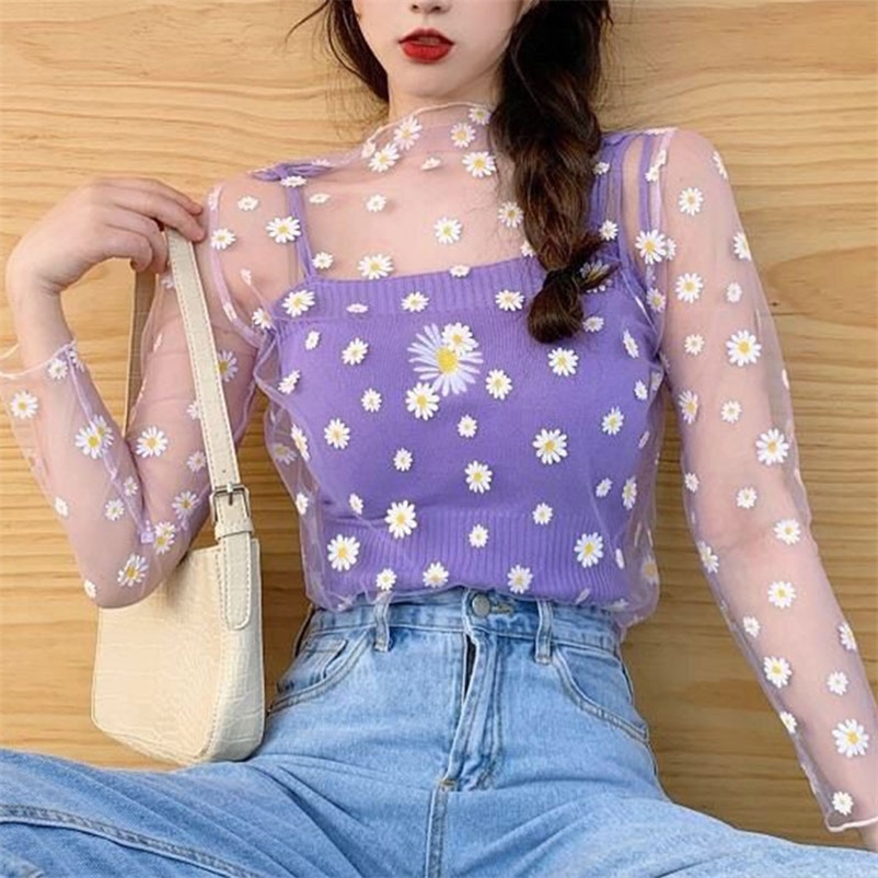 Sweet Lace Tees Women Long Sleeve T Shirt T-shirts Shirt Mesh Top Loose Sun-blocking Unlined Upper Garment With Mesh Base 220516