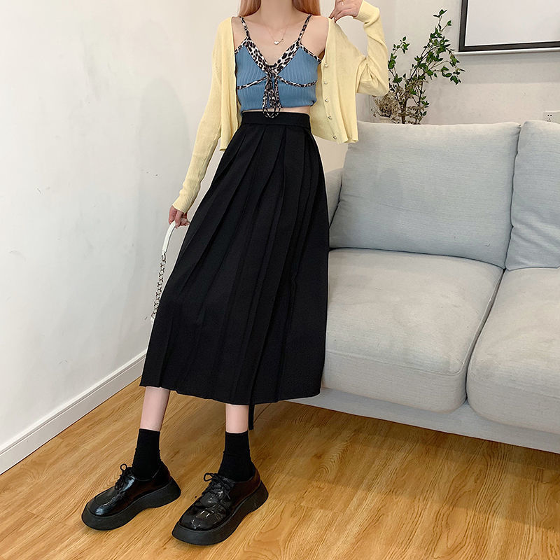 HOUZHOU Vintage Brown Pleated Long Skirts Autumn Women Korean Fashion High Waist Black Elegant A-line Midi Skirt for Girls 220317