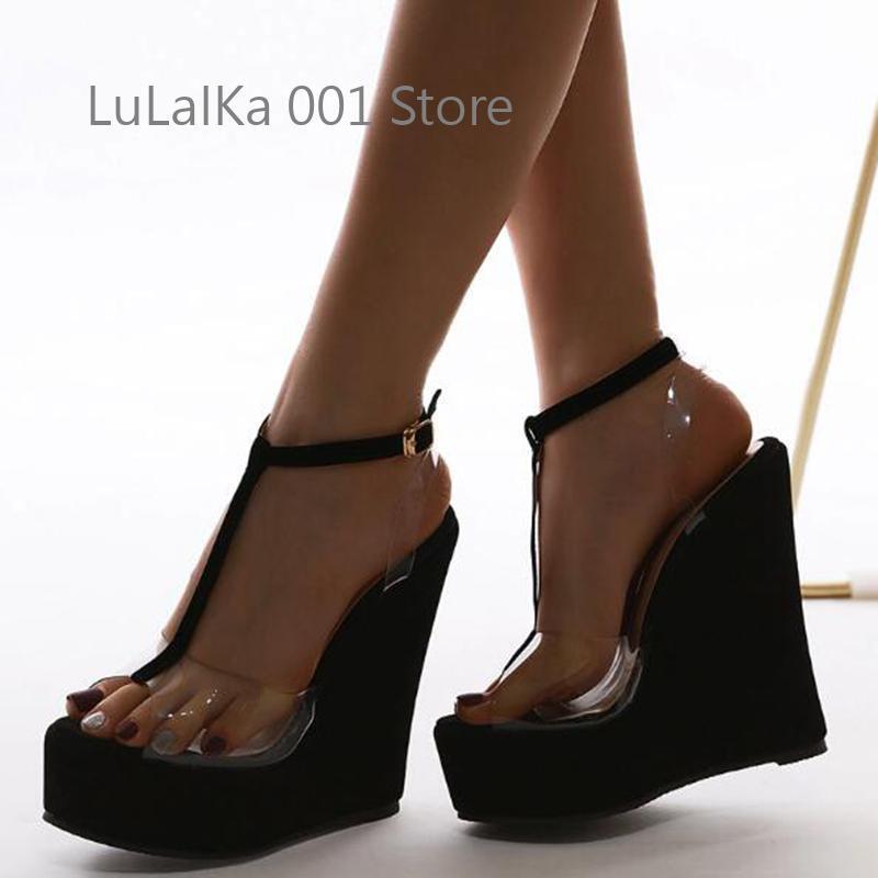 Summer Fashion Design Ankle Buckle Strap Sandals Women Platform Wedges High Heels Open Toe Pvc Transparent Jelly Shoes 220418