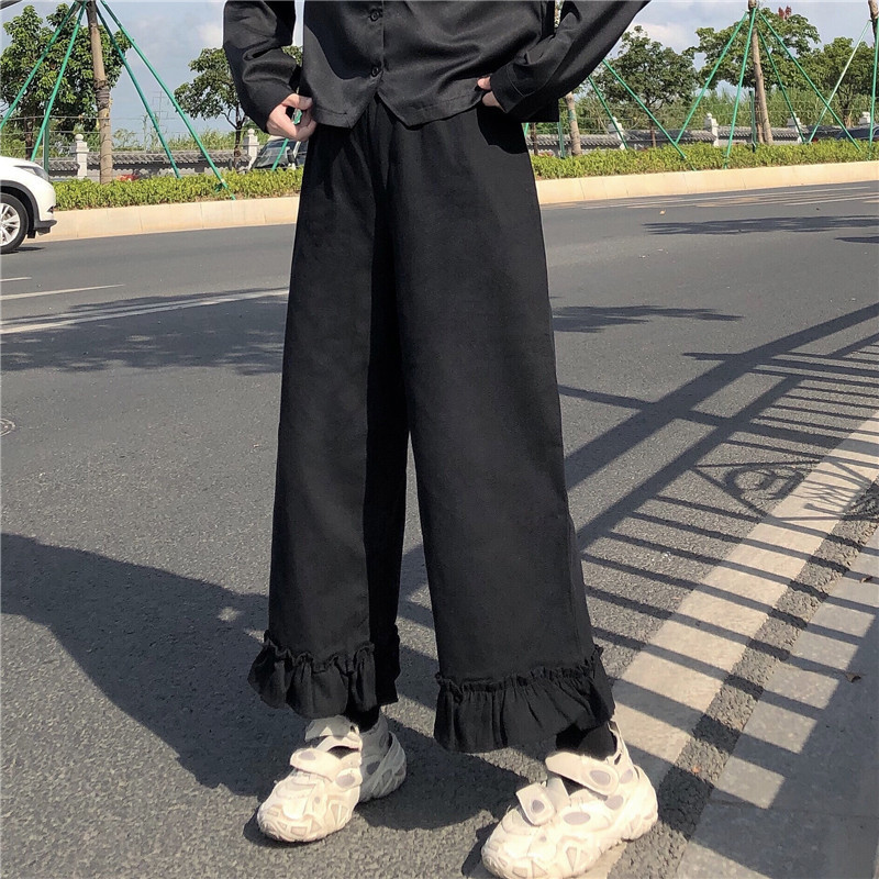 Japanese Kawaii Soft Girl Women Pants Sweet Ruffled Basis Wild High Waist Loose Trousers Elastic Casual Solid Student Pant 220325