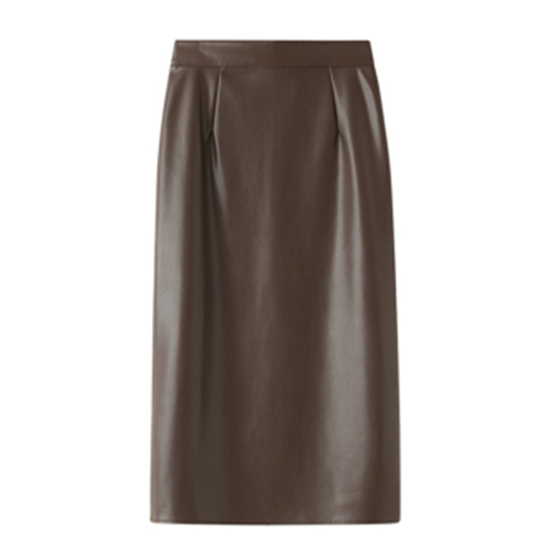 REALEFT Autumn Winter PU Faxu Leather Women Mi-long Wrap Skirts High Waist Back Split Sheath Pencil Sexy Skirt Female 220317