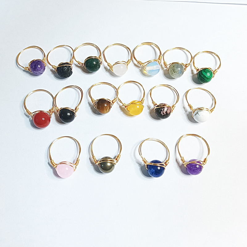 Wire Wrap Natural Raw Stone Rings Lapis Lazuli Amethysts Tiger Eye Opal Pink Crystal Ring for Women Jewelry
